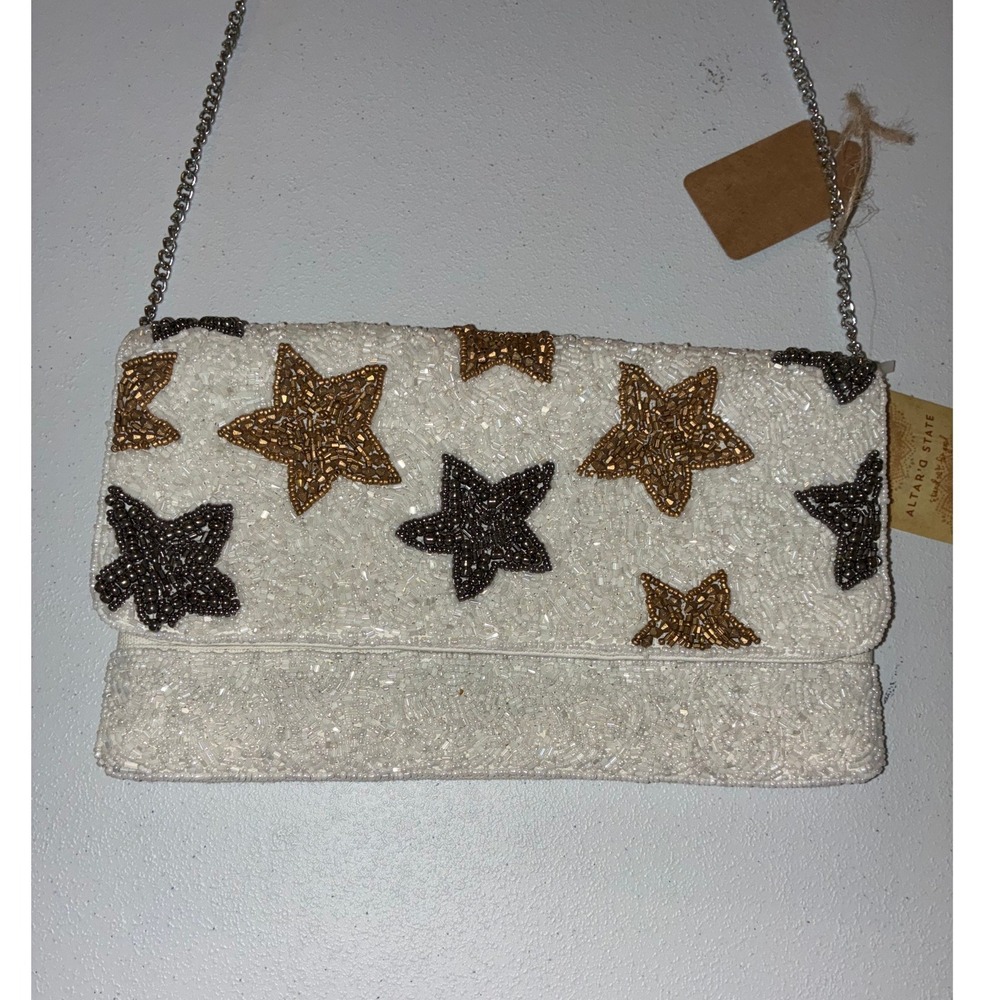 Altar'd State Beaded Star Clutch Crossbody Bag White Gold Silver Celestial NWT